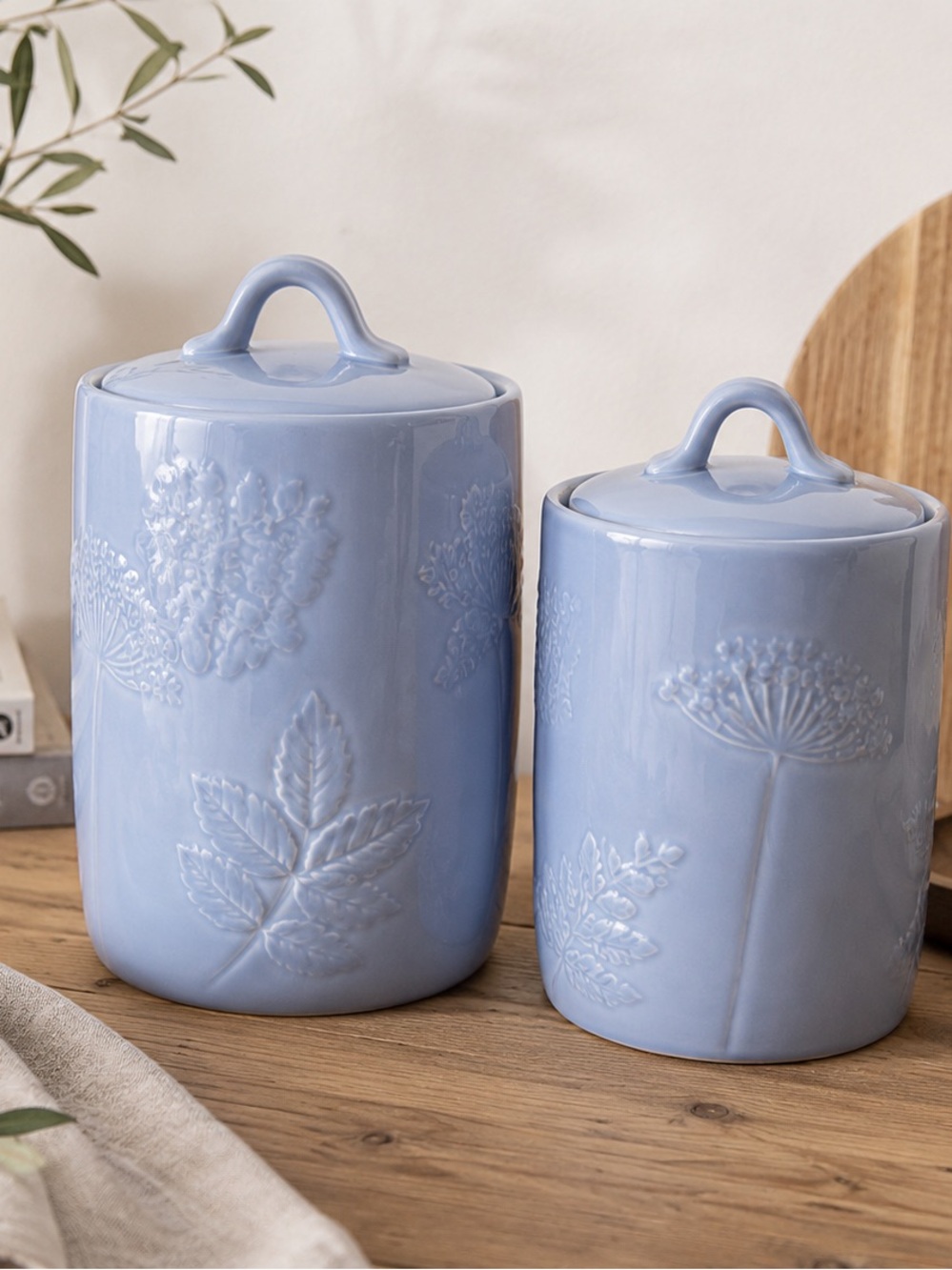 Pier 1 Embossed Floral Stoneware Canister Set Blue Cottagecore Kitchen Decor
